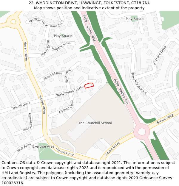 22, WADDINGTON DRIVE, HAWKINGE, FOLKESTONE, CT18 7NU: Location map and indicative extent of plot