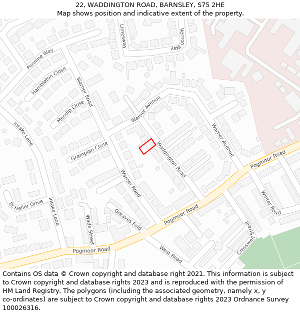 22, WADDINGTON ROAD, BARNSLEY, S75 2HE: Location map and indicative extent of plot