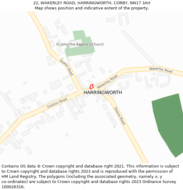 22, WAKERLEY ROAD, HARRINGWORTH, CORBY, NN17 3AH: Location map and indicative extent of plot