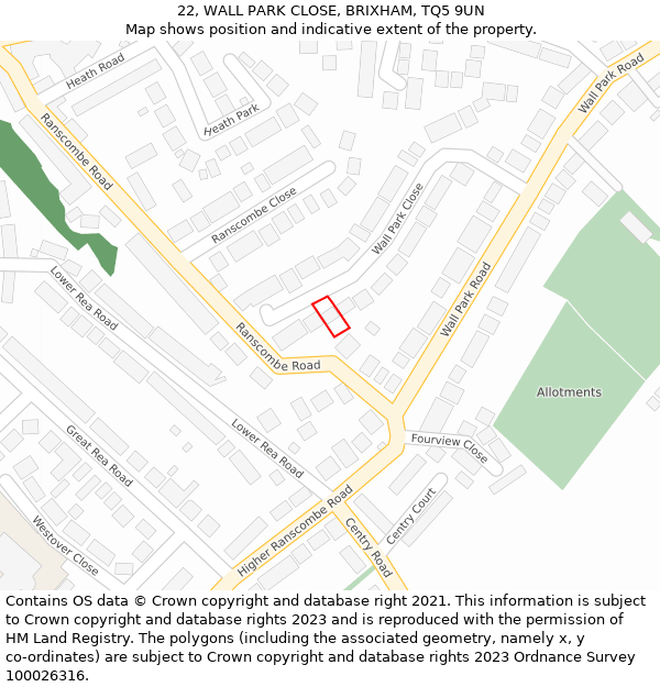 22, WALL PARK CLOSE, BRIXHAM, TQ5 9UN: Location map and indicative extent of plot