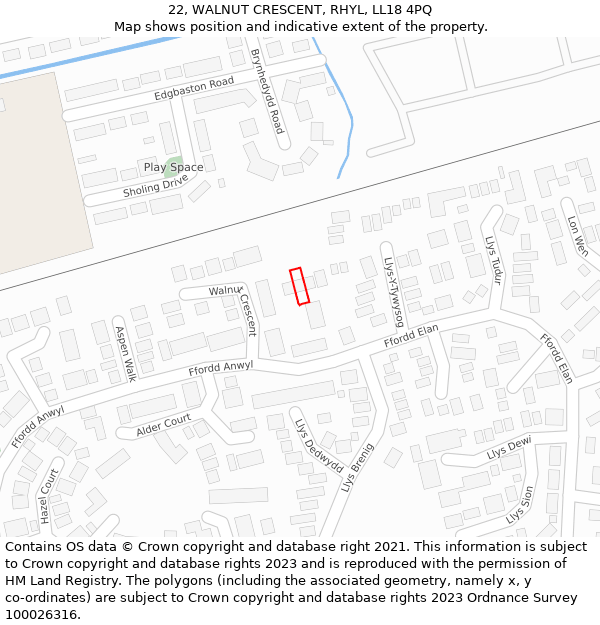 22, WALNUT CRESCENT, RHYL, LL18 4PQ: Location map and indicative extent of plot