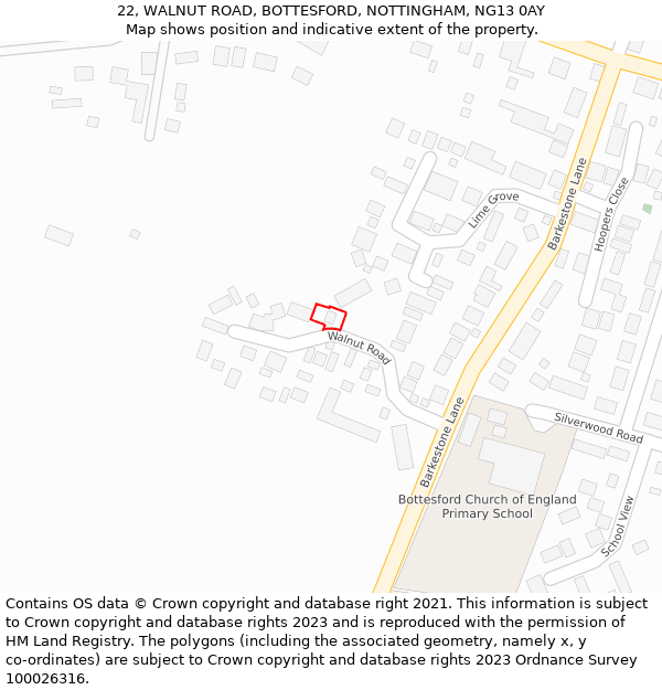 22, WALNUT ROAD, BOTTESFORD, NOTTINGHAM, NG13 0AY: Location map and indicative extent of plot