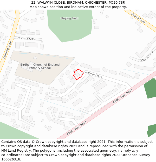 22, WALWYN CLOSE, BIRDHAM, CHICHESTER, PO20 7SR: Location map and indicative extent of plot