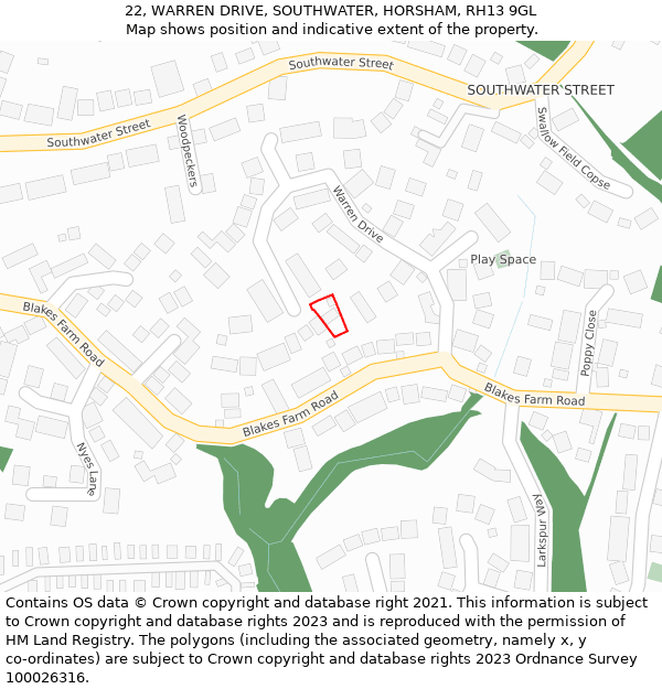 22, WARREN DRIVE, SOUTHWATER, HORSHAM, RH13 9GL: Location map and indicative extent of plot