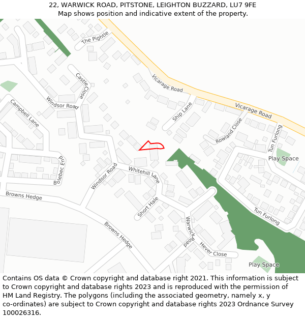 22, WARWICK ROAD, PITSTONE, LEIGHTON BUZZARD, LU7 9FE: Location map and indicative extent of plot