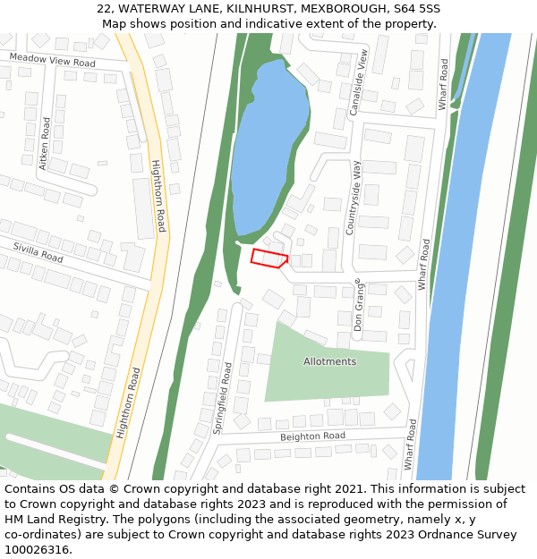 22, WATERWAY LANE, KILNHURST, MEXBOROUGH, S64 5SS: Location map and indicative extent of plot