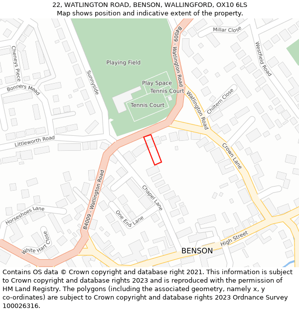 22, WATLINGTON ROAD, BENSON, WALLINGFORD, OX10 6LS: Location map and indicative extent of plot