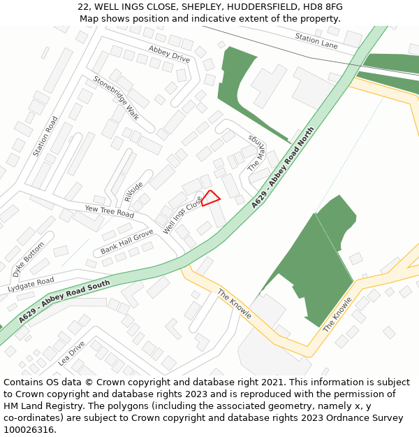 22, WELL INGS CLOSE, SHEPLEY, HUDDERSFIELD, HD8 8FG: Location map and indicative extent of plot