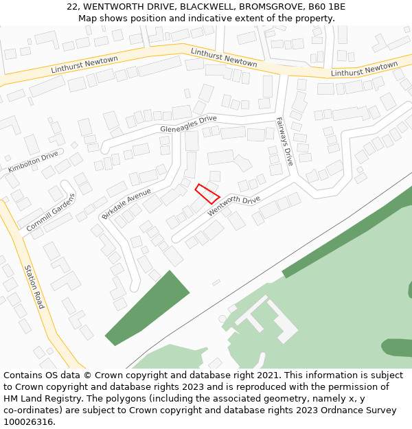 22, WENTWORTH DRIVE, BLACKWELL, BROMSGROVE, B60 1BE: Location map and indicative extent of plot