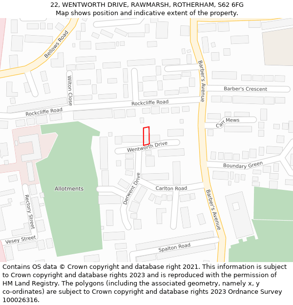 22, WENTWORTH DRIVE, RAWMARSH, ROTHERHAM, S62 6FG: Location map and indicative extent of plot