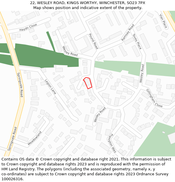 22, WESLEY ROAD, KINGS WORTHY, WINCHESTER, SO23 7PX: Location map and indicative extent of plot