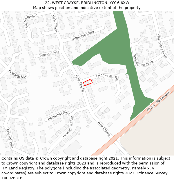 22, WEST CRAYKE, BRIDLINGTON, YO16 6XW: Location map and indicative extent of plot