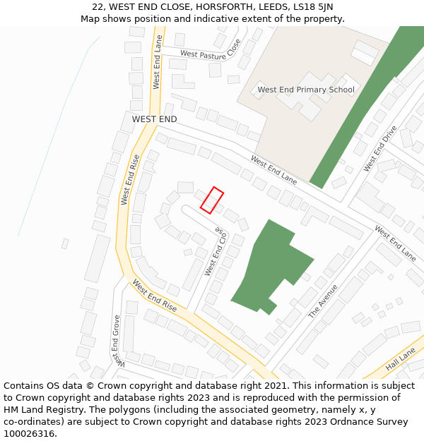 22, WEST END CLOSE, HORSFORTH, LEEDS, LS18 5JN: Location map and indicative extent of plot