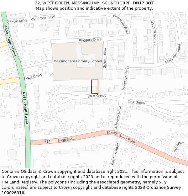 22, WEST GREEN, MESSINGHAM, SCUNTHORPE, DN17 3QT: Location map and indicative extent of plot