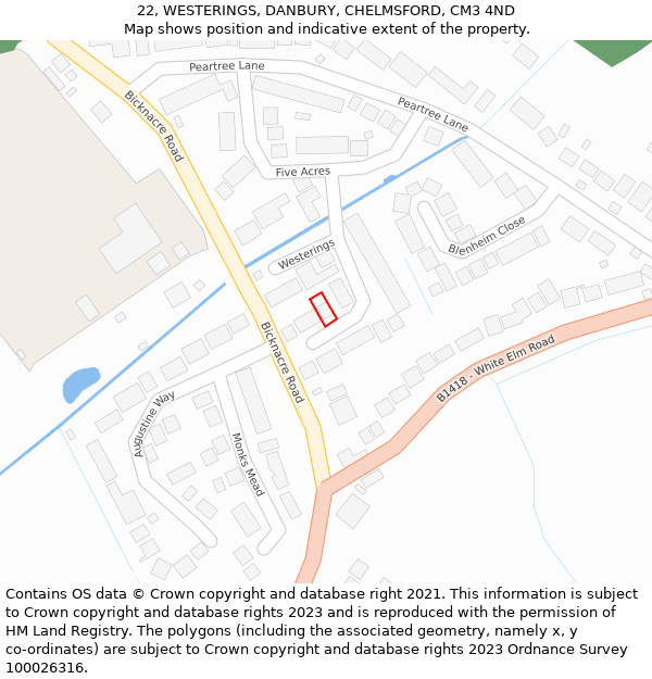 22, WESTERINGS, DANBURY, CHELMSFORD, CM3 4ND: Location map and indicative extent of plot