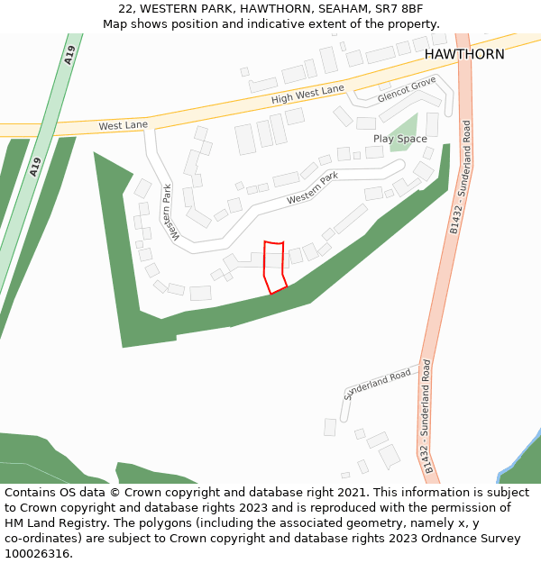 22, WESTERN PARK, HAWTHORN, SEAHAM, SR7 8BF: Location map and indicative extent of plot