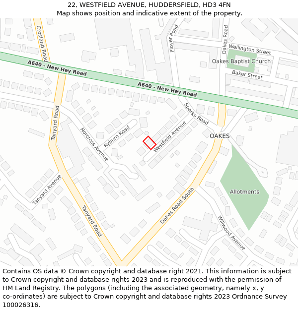 22, WESTFIELD AVENUE, HUDDERSFIELD, HD3 4FN: Location map and indicative extent of plot