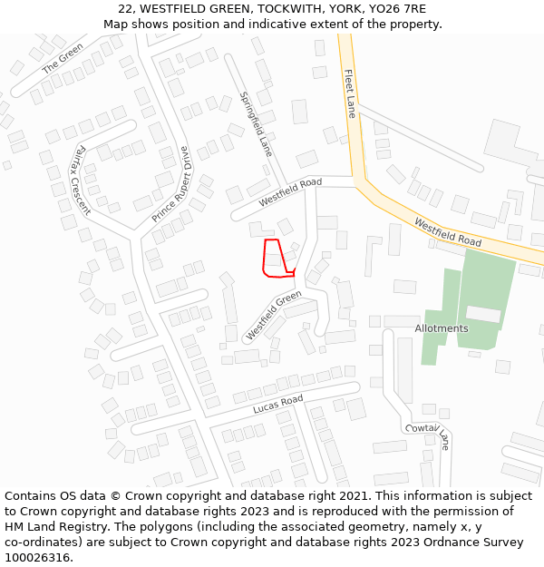 22, WESTFIELD GREEN, TOCKWITH, YORK, YO26 7RE: Location map and indicative extent of plot