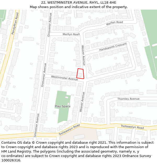 22, WESTMINSTER AVENUE, RHYL, LL18 4HE: Location map and indicative extent of plot