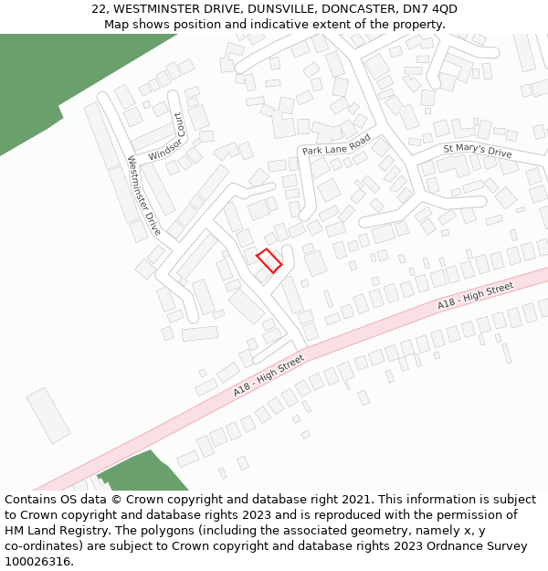 22, WESTMINSTER DRIVE, DUNSVILLE, DONCASTER, DN7 4QD: Location map and indicative extent of plot