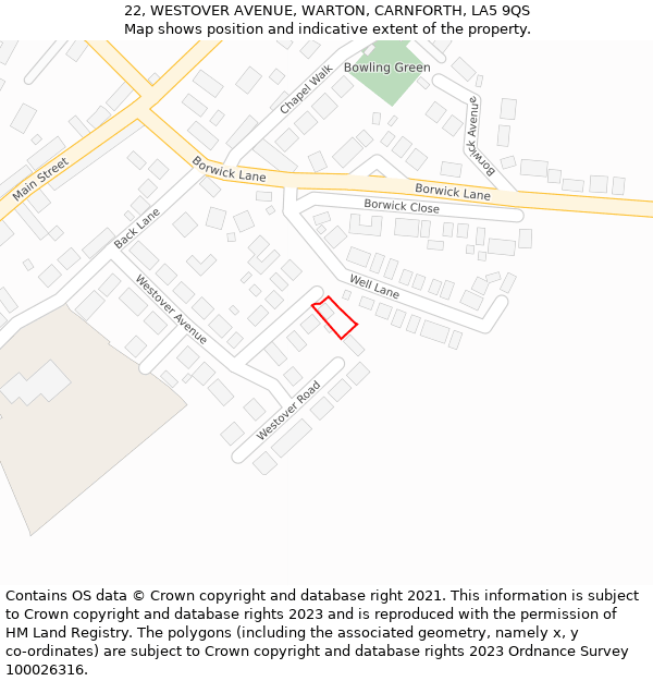 22, WESTOVER AVENUE, WARTON, CARNFORTH, LA5 9QS: Location map and indicative extent of plot