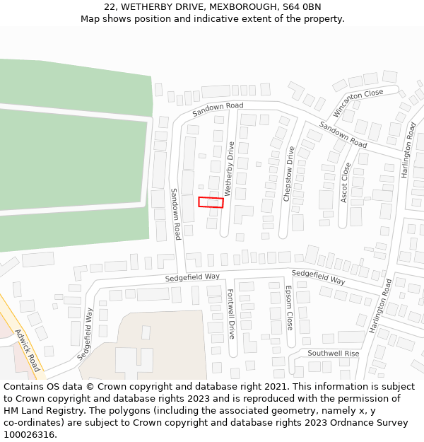 22, WETHERBY DRIVE, MEXBOROUGH, S64 0BN: Location map and indicative extent of plot