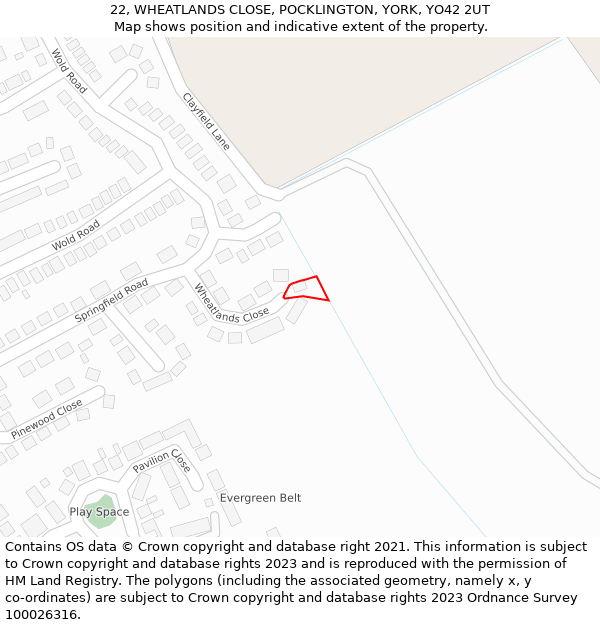 22, WHEATLANDS CLOSE, POCKLINGTON, YORK, YO42 2UT: Location map and indicative extent of plot