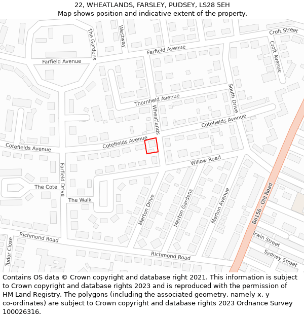 22, WHEATLANDS, FARSLEY, PUDSEY, LS28 5EH: Location map and indicative extent of plot