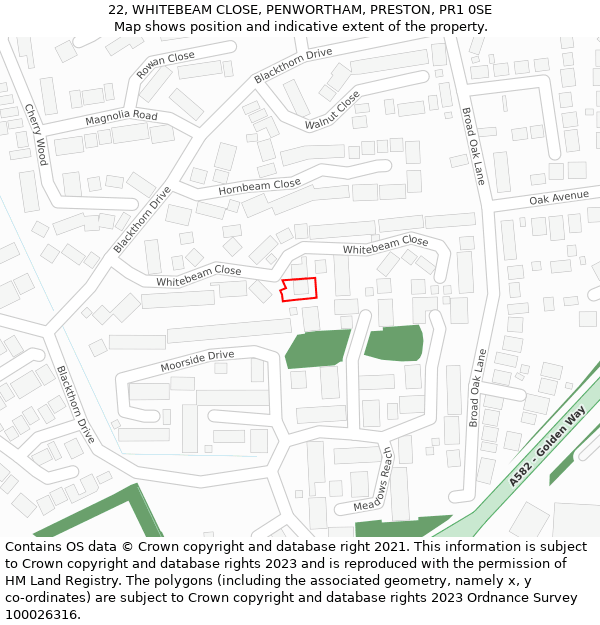 22, WHITEBEAM CLOSE, PENWORTHAM, PRESTON, PR1 0SE: Location map and indicative extent of plot