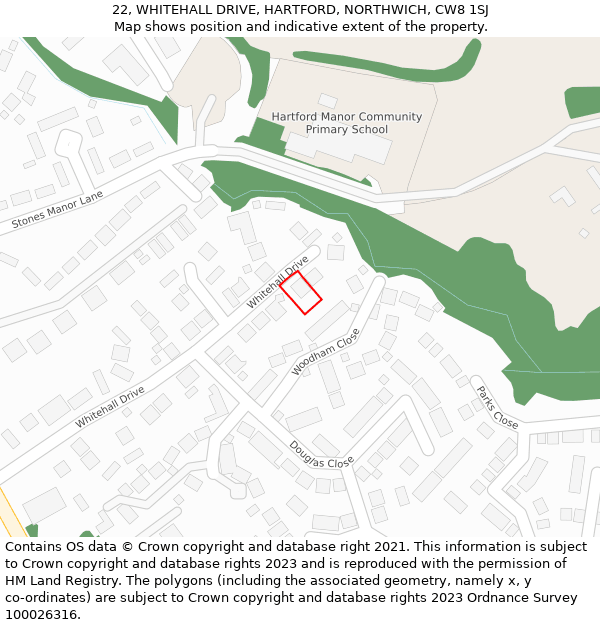 22, WHITEHALL DRIVE, HARTFORD, NORTHWICH, CW8 1SJ: Location map and indicative extent of plot