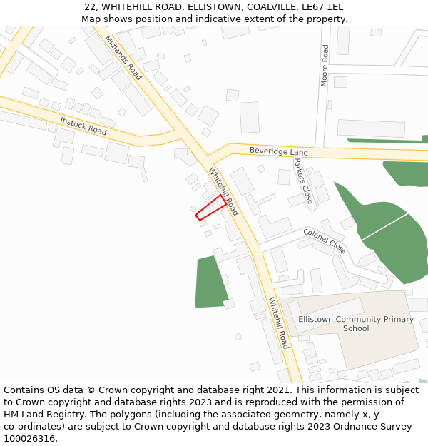 22, WHITEHILL ROAD, ELLISTOWN, COALVILLE, LE67 1EL: Location map and indicative extent of plot