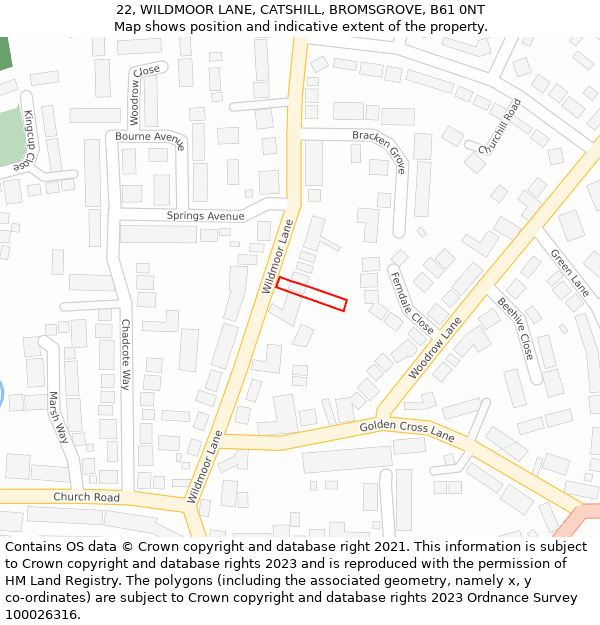 22, WILDMOOR LANE, CATSHILL, BROMSGROVE, B61 0NT: Location map and indicative extent of plot