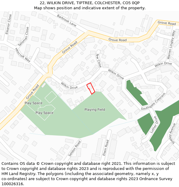 22, WILKIN DRIVE, TIPTREE, COLCHESTER, CO5 0QP: Location map and indicative extent of plot