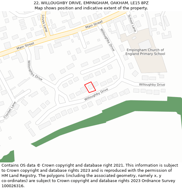 22, WILLOUGHBY DRIVE, EMPINGHAM, OAKHAM, LE15 8PZ: Location map and indicative extent of plot