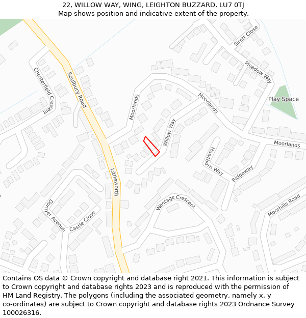 22, WILLOW WAY, WING, LEIGHTON BUZZARD, LU7 0TJ: Location map and indicative extent of plot