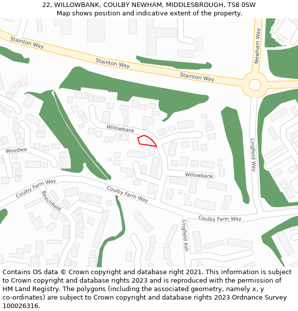 22, WILLOWBANK, COULBY NEWHAM, MIDDLESBROUGH, TS8 0SW: Location map and indicative extent of plot