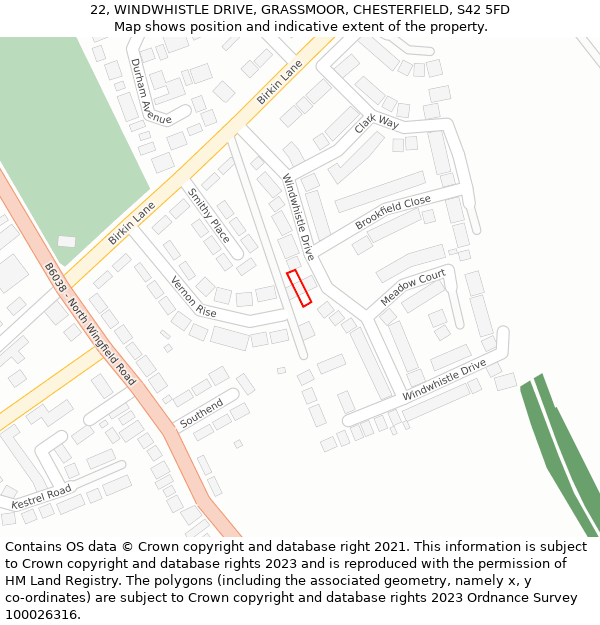 22, WINDWHISTLE DRIVE, GRASSMOOR, CHESTERFIELD, S42 5FD: Location map and indicative extent of plot