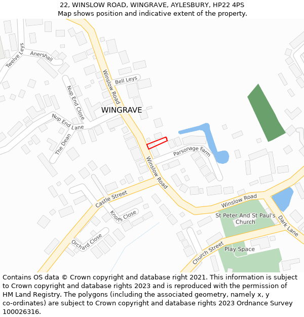 22, WINSLOW ROAD, WINGRAVE, AYLESBURY, HP22 4PS: Location map and indicative extent of plot