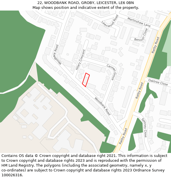 22, WOODBANK ROAD, GROBY, LEICESTER, LE6 0BN: Location map and indicative extent of plot