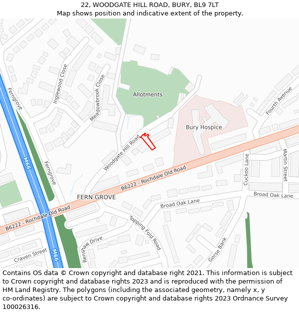 22, WOODGATE HILL ROAD, BURY, BL9 7LT: Location map and indicative extent of plot