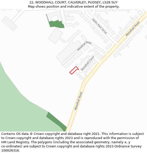 22, WOODHALL COURT, CALVERLEY, PUDSEY, LS28 5UY: Location map and indicative extent of plot