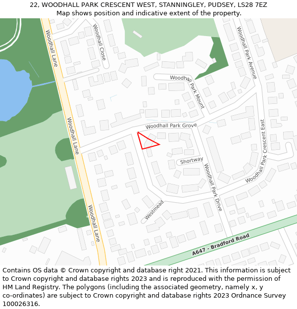 22, WOODHALL PARK CRESCENT WEST, STANNINGLEY, PUDSEY, LS28 7EZ: Location map and indicative extent of plot