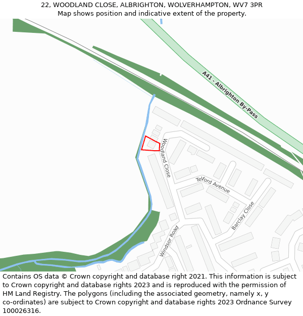 22, WOODLAND CLOSE, ALBRIGHTON, WOLVERHAMPTON, WV7 3PR: Location map and indicative extent of plot