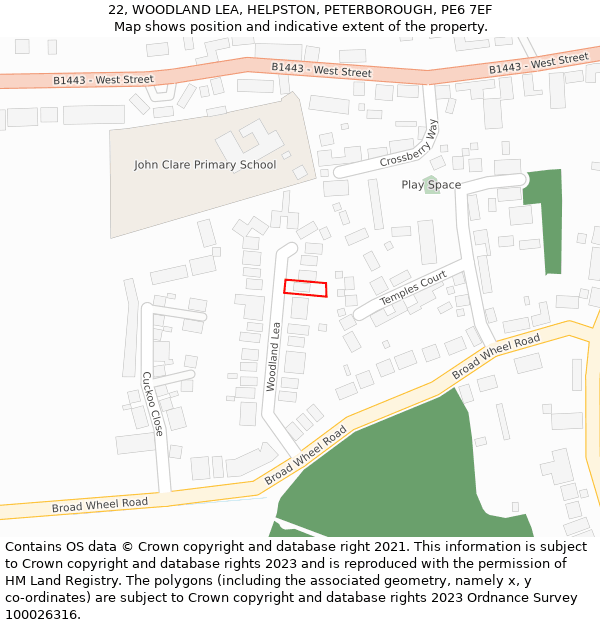 22, WOODLAND LEA, HELPSTON, PETERBOROUGH, PE6 7EF: Location map and indicative extent of plot