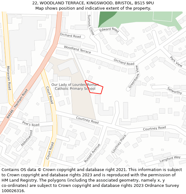 22, WOODLAND TERRACE, KINGSWOOD, BRISTOL, BS15 9PU: Location map and indicative extent of plot