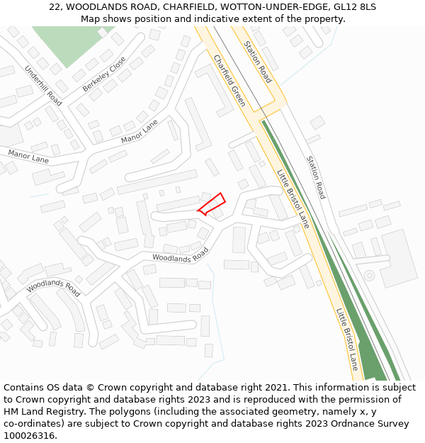 22, WOODLANDS ROAD, CHARFIELD, WOTTON-UNDER-EDGE, GL12 8LS: Location map and indicative extent of plot