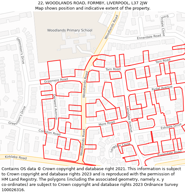 22, WOODLANDS ROAD, FORMBY, LIVERPOOL, L37 2JW: Location map and indicative extent of plot