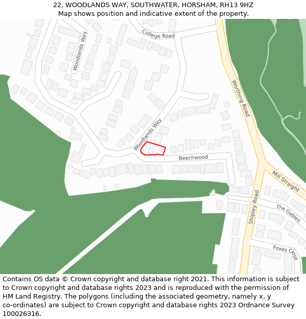 22, WOODLANDS WAY, SOUTHWATER, HORSHAM, RH13 9HZ: Location map and indicative extent of plot