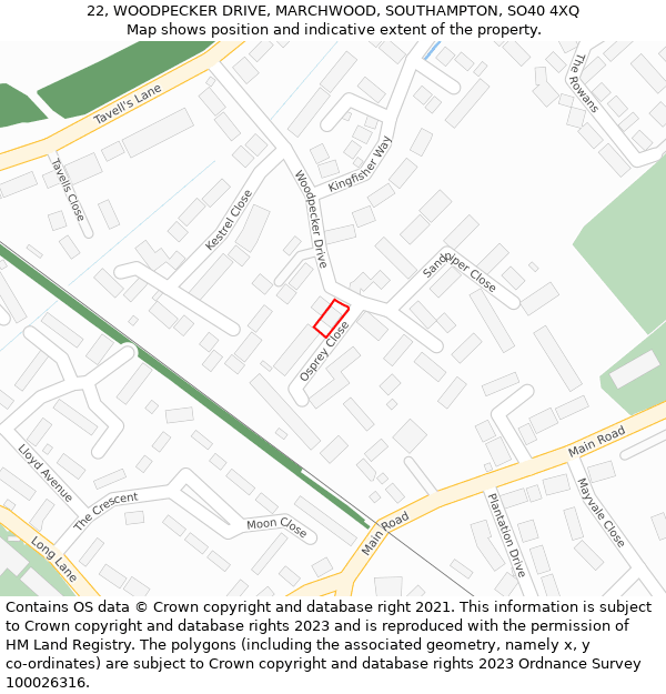 22, WOODPECKER DRIVE, MARCHWOOD, SOUTHAMPTON, SO40 4XQ: Location map and indicative extent of plot