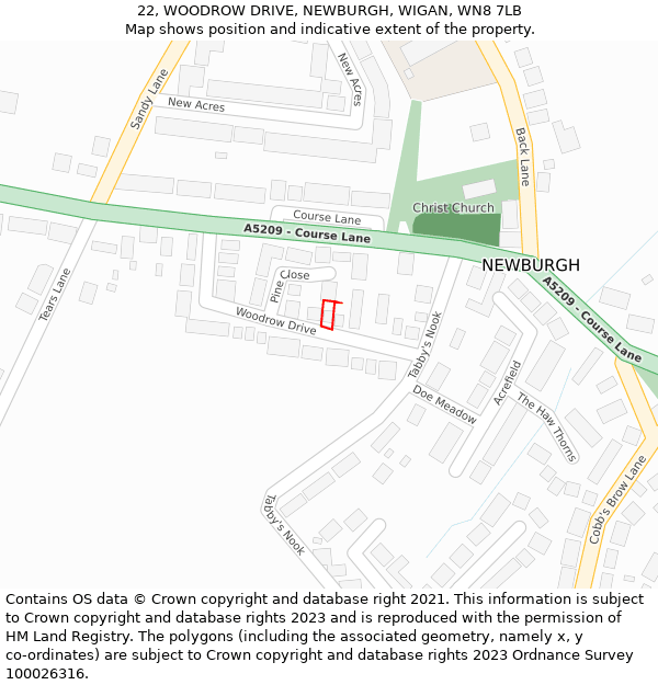 22, WOODROW DRIVE, NEWBURGH, WIGAN, WN8 7LB: Location map and indicative extent of plot